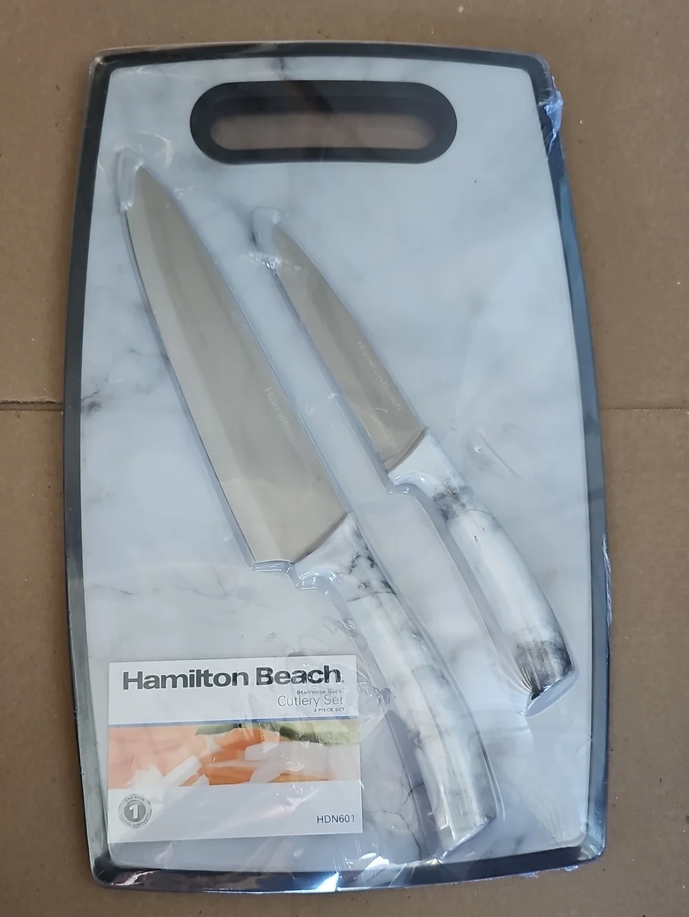 Hamilton Beach Marble-Pattern Knife and Cutting Board Set White Marble Print New